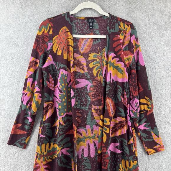 GILI Cardigan Women XXS Burgundy Floral Long Open Front Long Sleeve Boho Art - Picture 3 of 13